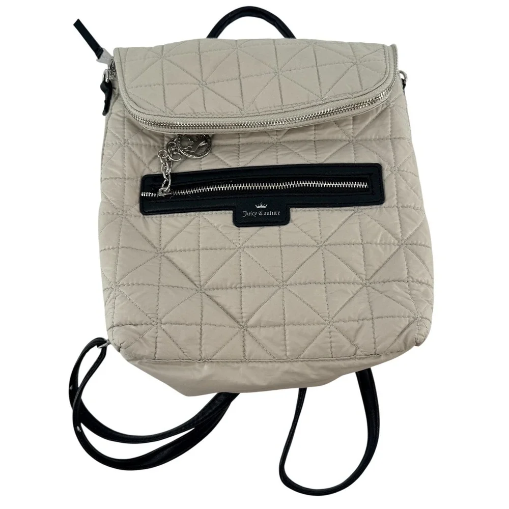 Juicy Couture‎ Quilted Backpack Beige Black Trim Nylon Mini Laptop Travel Bag